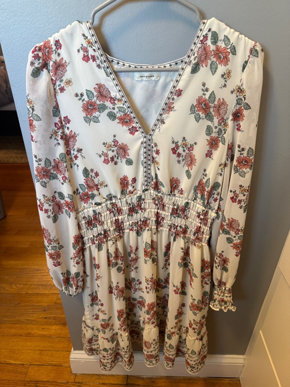 Max Studio Cream V-Neck Floral Dress with Pink & Green Accents